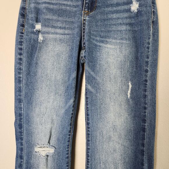 No Boundaries Junior Distressed Flare Leg Raw Hem Double Button Jeans SZ 3 Blue - Picture 2 of 11